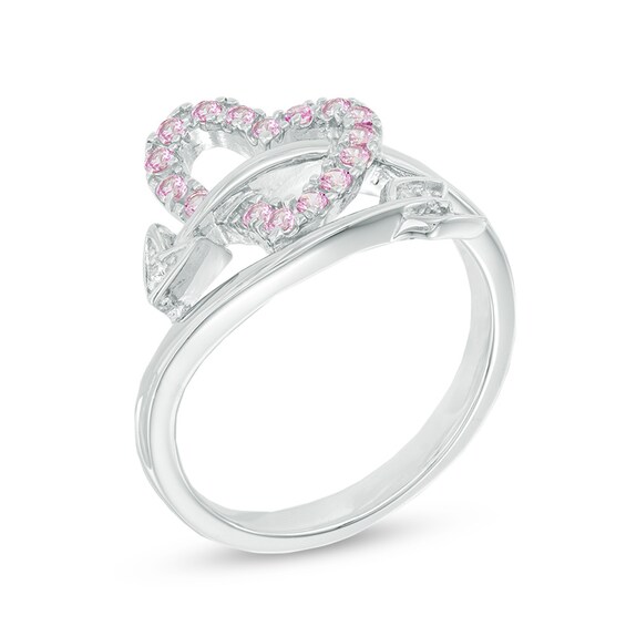 Lab-Created Pink and White Sapphire Heart and Arrow Wrap Ring in Sterling Silver
