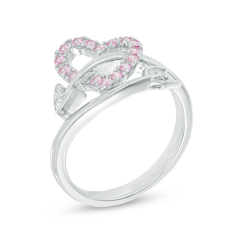 Main Image 2 of Lab-Created Pink and White Sapphire Heart and Arrow Wrap Ring in Sterling Silver