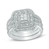 Thumbnail Image 1 of 1/3 CT. T.W. Quad Princess-Cut Diamond Layered Frame Vintage-Style Three Piece Bridal Set in Sterling Silver