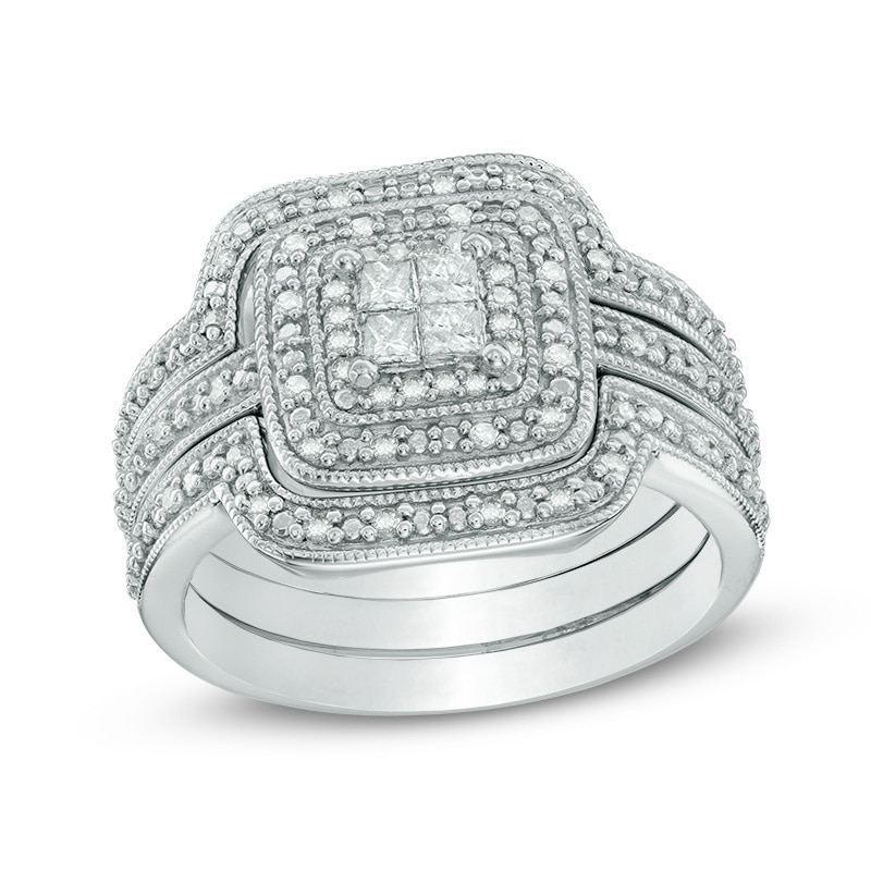Main Image 1 of 1/3 CT. T.W. Quad Princess-Cut Diamond Layered Frame Vintage-Style Three Piece Bridal Set in Sterling Silver