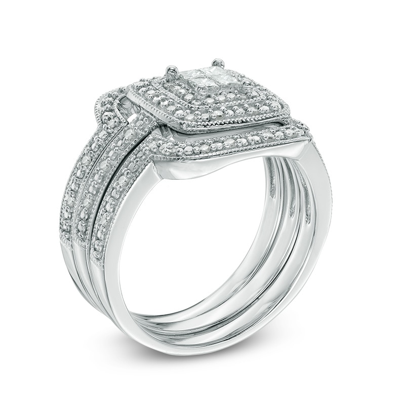 Main Image 2 of 1/3 CT. T.W. Quad Princess-Cut Diamond Layered Frame Vintage-Style Three Piece Bridal Set in Sterling Silver