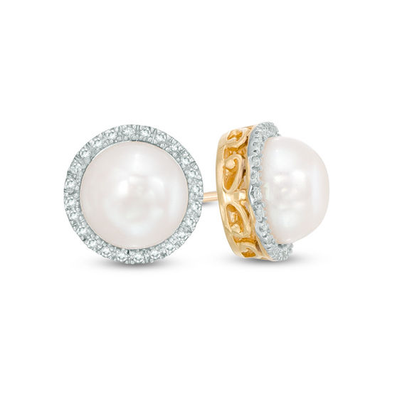 8.0mm Baroque Freshwater Cultured Pearl and 1/8 CT. T.w. Diamond Frame Stud Earrings in 10K Gold