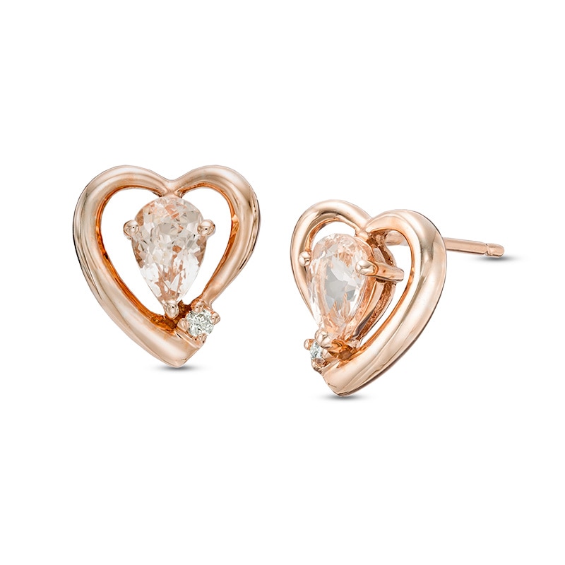 Main Image 1 of Pear-Shaped Morganite and Lab-Created White Sapphire Heart Stud Earrings in Sterling Silver with 14K Rose Gold Plate