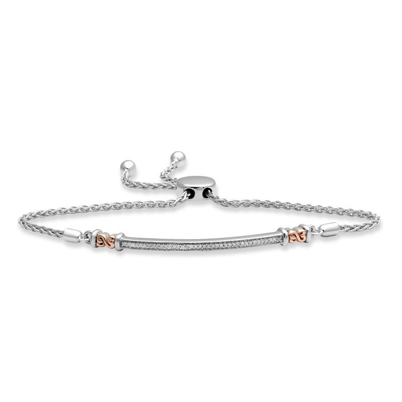 Main Image 1 of Open Hearts by Jane Seymour™ 1/10 CT. T.W. Diamond Bar Bolo Bracelet in Sterling Silver and 10K Rose Gold - 9.0"