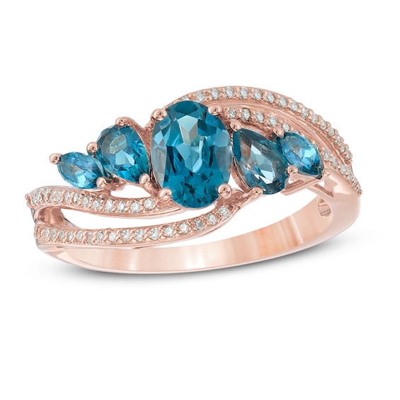 London Blue Topaz and 1/8 CT. T.w. Diamond Five Stone Double Row Ring in 10K Rose Gold