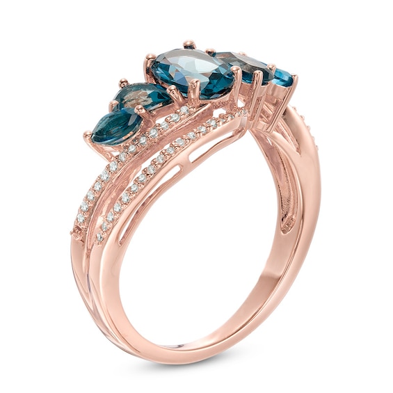 London Blue Topaz and 1/8 CT. T.w. Diamond Five Stone Double Row Ring in 10K Rose Gold