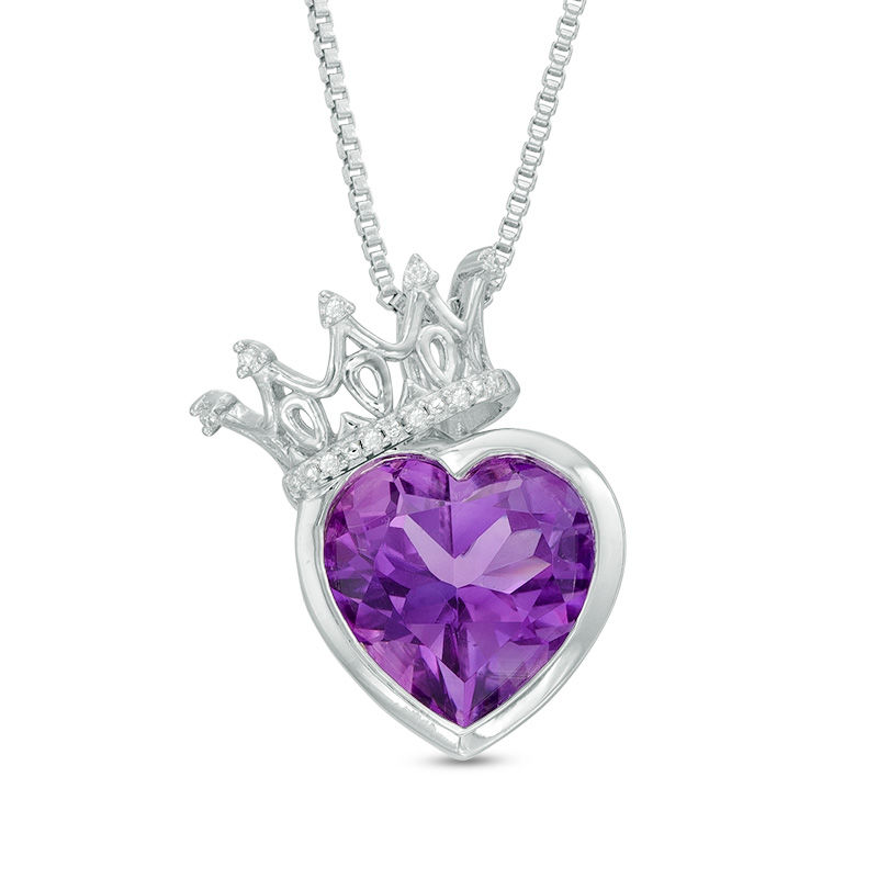 10.0mm Heart-Shaped Amethyst and Diamond Accent Crown Pendant in Sterling Silver