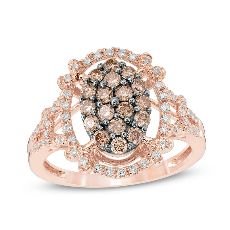 Zales 3 4 ct. T.W. Champagne and White Diamond Split Shank Ring in 14K Rose Gold