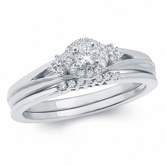 1/5 CT. T.w. Diamond Frame Collared Bridal Set in 10K White Gold