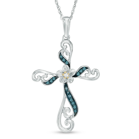 1/10 CT. T.w. Enhanced Blue and White Diamond Cross Flower Pendant in Sterling Silver and 10K Gold