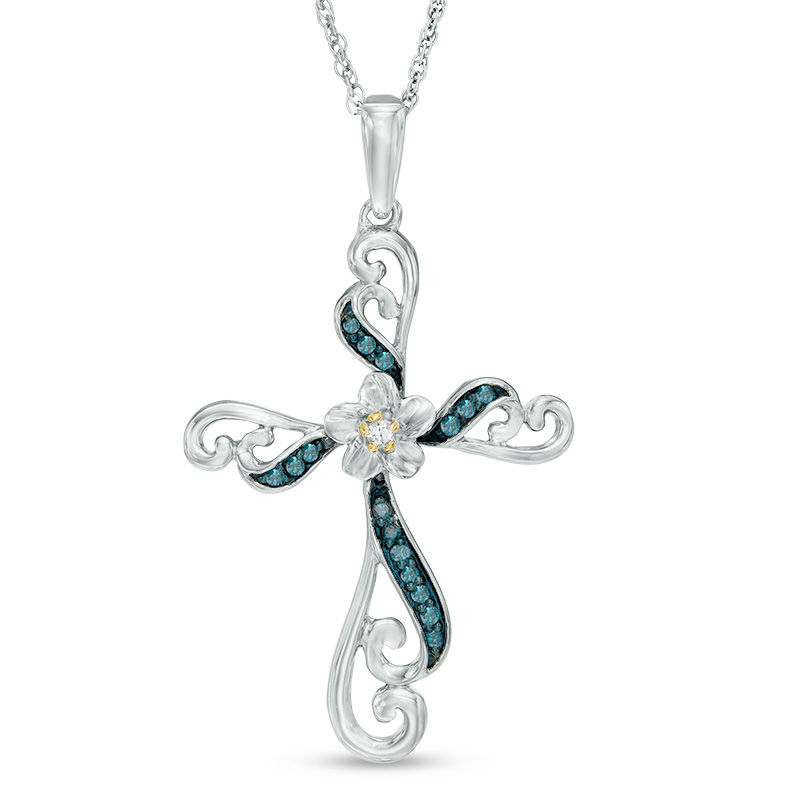 1/10 CT. T.W. Enhanced Blue and White Diamond Cross Flower Pendant