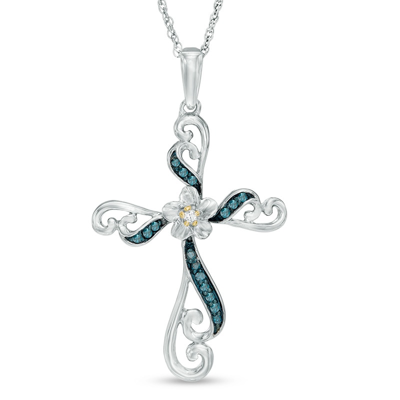 1/10 CT. T.W. Enhanced Blue and White Diamond Cross Flower Pendant in Sterling Silver and 10K Gold