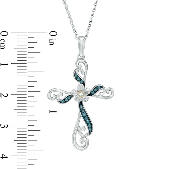 1/10 CT. T.w. Enhanced Blue and White Diamond Cross Flower Pendant in Sterling Silver and 10K Gold