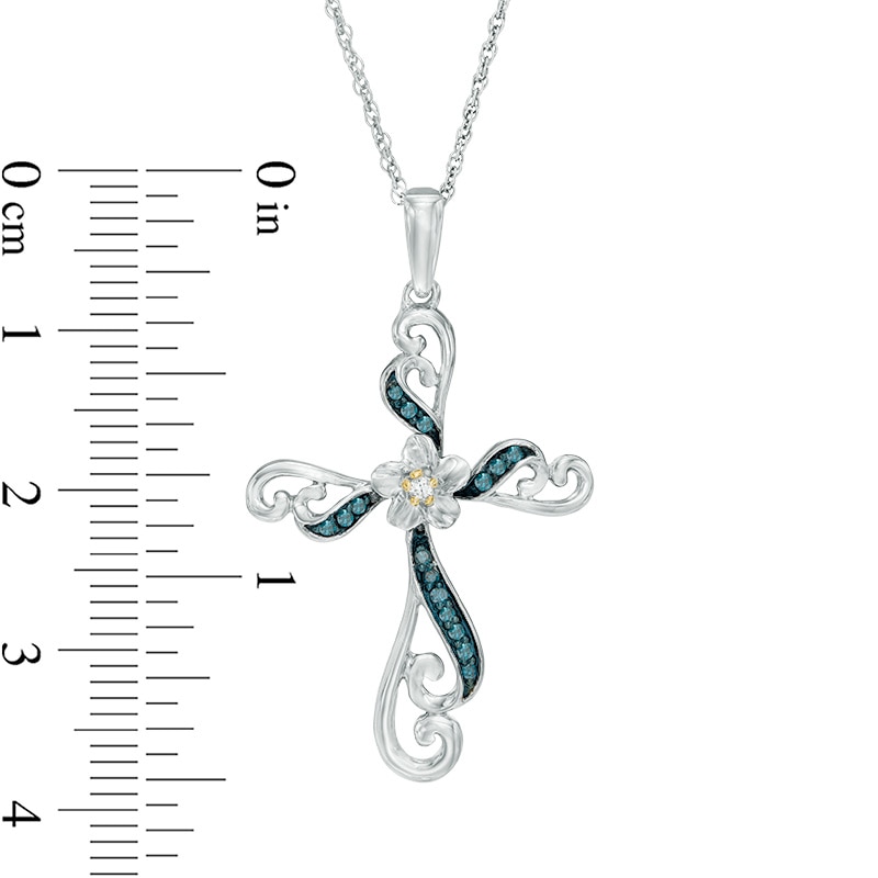 1/10 CT. T.W. Enhanced Blue and White Diamond Cross Flower Pendant in Sterling Silver and 10K Gold