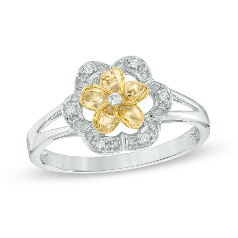 Diamond Accent Flower Frame Split Shank Ring in Sterling Silver and 10K Gold