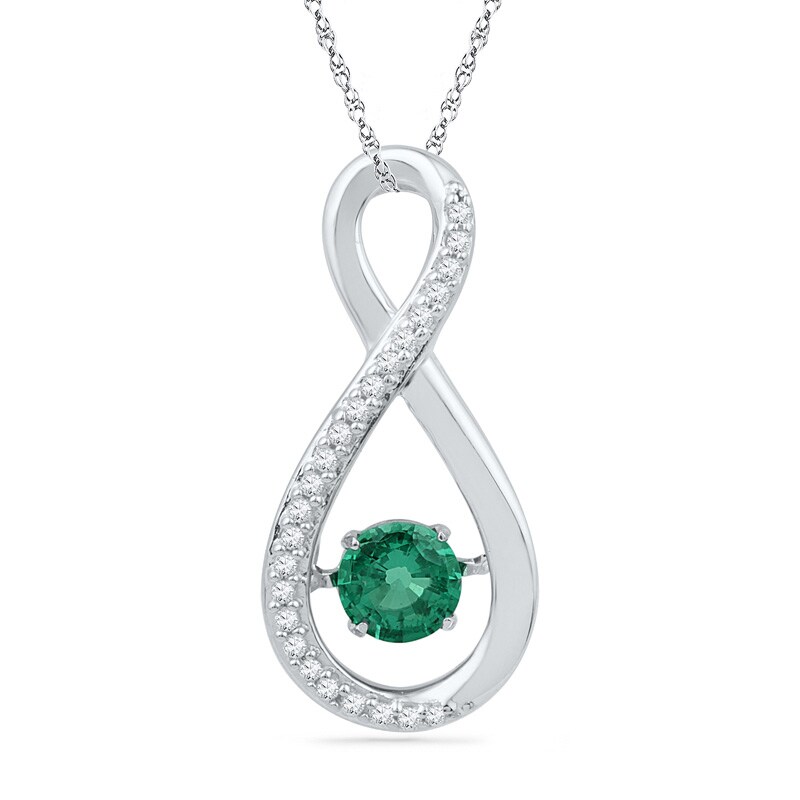 Main Image 1 of 4.8mm Lab-Created Emerald and 1/10 CT. T.W. Diamond Infinity Pendant in Sterling Silver