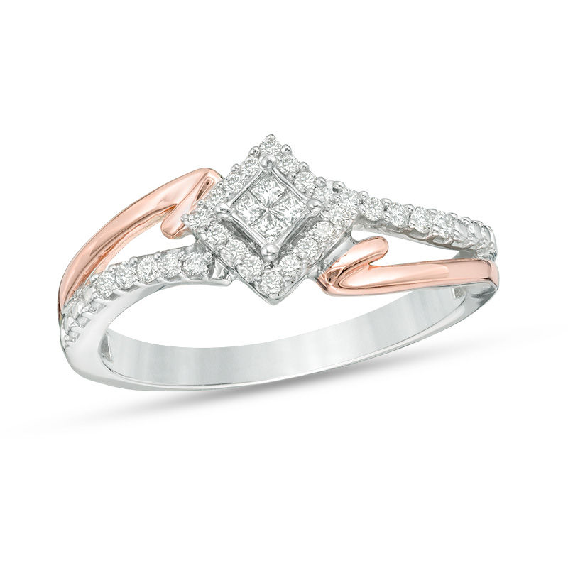 Main Image 1 of Cherished Promise Collection™ 1/8 CT. T.W. Princess-Cut Diamond Frame Promise Ring in 10K Two-Tone Gold