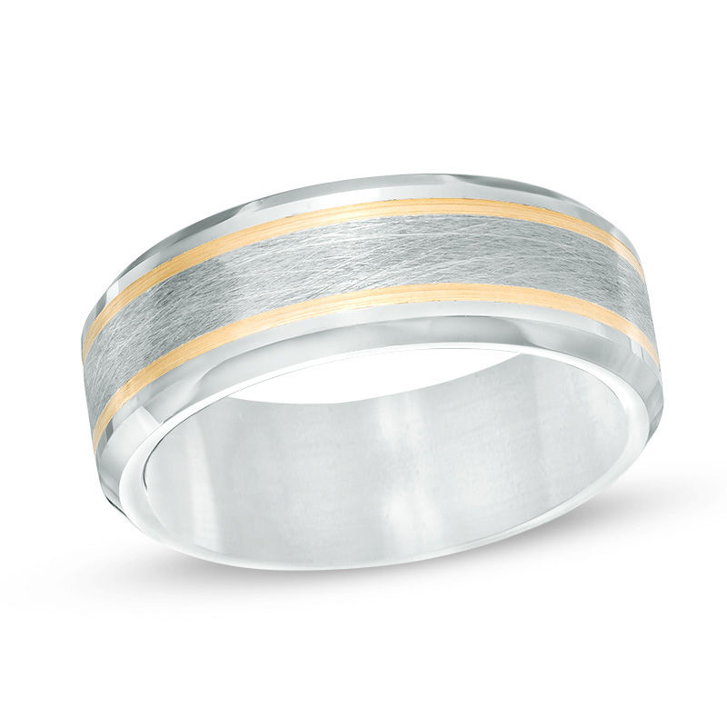 Triton Men's 9.0mm Comfort Fit Grey Tungsten Wedding Band with 14K Gold Stripes
