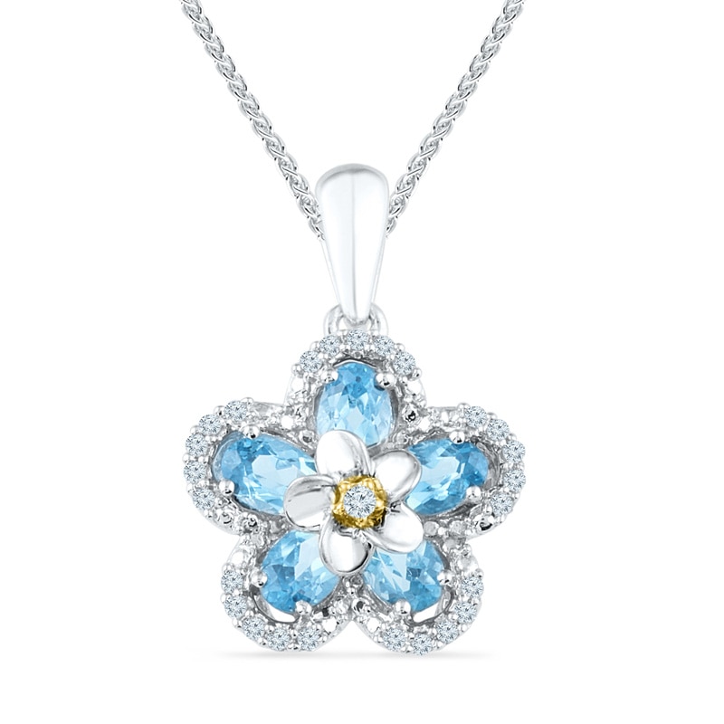 Main Image 1 of Oval Blue Topaz and 1/10 CT. T.W. Diamond Flower Pendant in Sterling Silver and 10K Gold