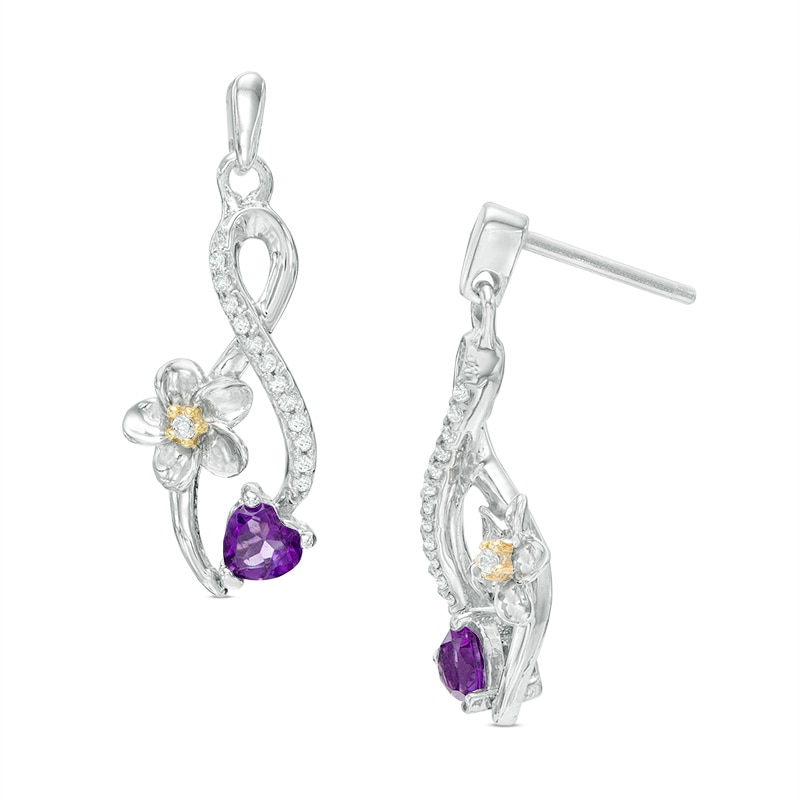 Heart-Shaped Amethyst and 1/10 CT. T.W. Diamond Infinity Flower Drop Earrings in Sterling Silver and 10K Gold