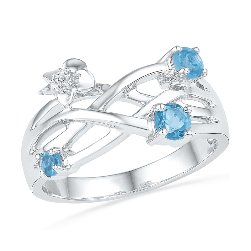 Blue Topaz and Diamond Accent Layered Crossover Flower Ring in Sterling Silver