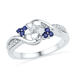 Lab-Created Blue Sapphire and Diamond Accent Flower Tri-Sides Bypass Ring in Sterling Silver
