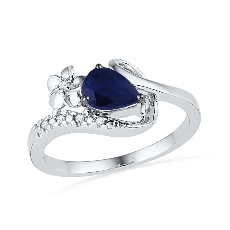 Main Image 1 of Pear-Shaped Lab-Created Blue Sapphire and Diamond Accent Flower Loop Ring in Sterling Silver
