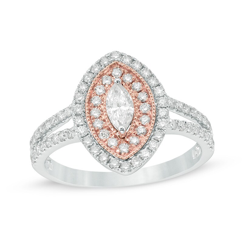 3/4 CT. T.W. Marquise Diamond Double Frame Split Shank Ring in 14K Two-Tone Gold