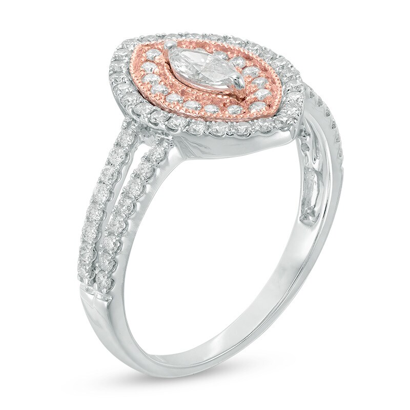 3/4 CT. T.W. Marquise Diamond Double Frame Split Shank Ring in 14K Two-Tone Gold