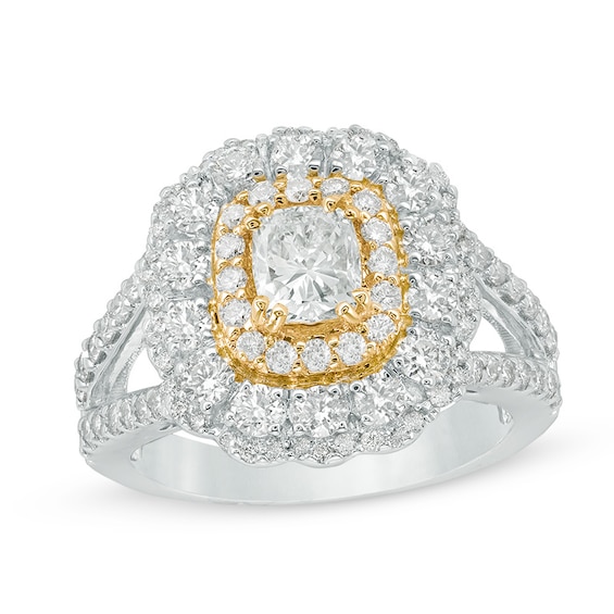 2 CT. T.w. Cushion-Cut Diamond Double Frame Ring in 14K Two-Tone Gold (I/I1)
