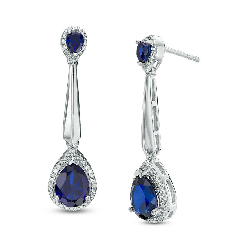Pear Shaped Lab Created Blue Sapphire and Diamond Accent Frame Drop Earrings in Sterling Silver Zales