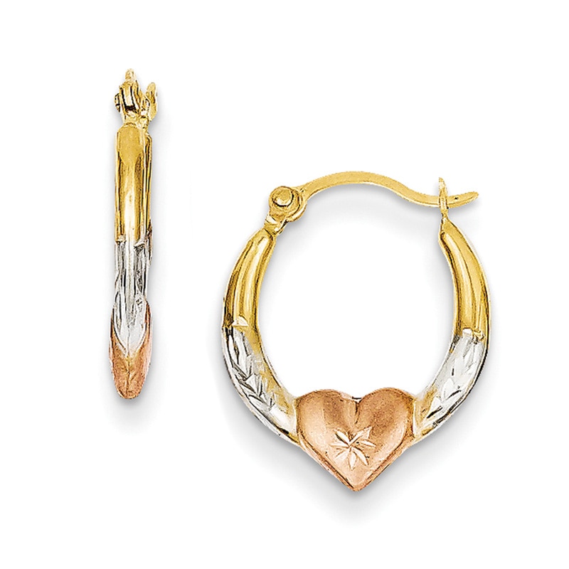 Diamond-Cut Heart Hoop Earrings in 14K Tri-Tone Gold