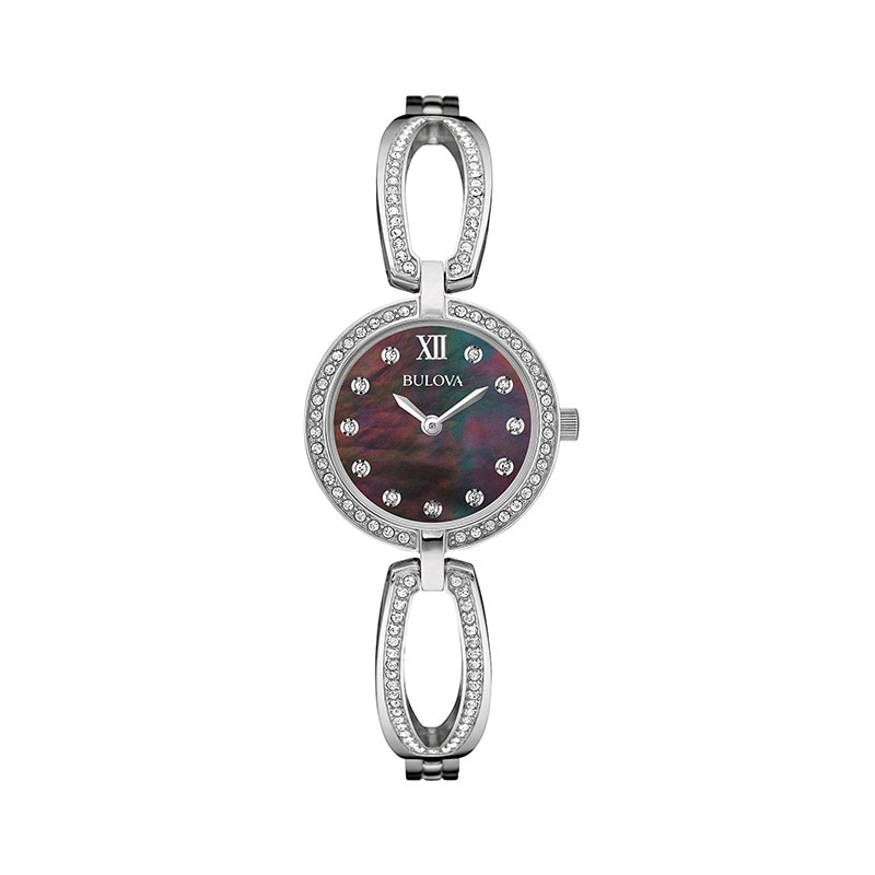 Ladies' Bulova Crystal Accent Bangle Watch with Black Mother-of-Pearl Dial (Model: 96L224)