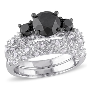 3 CT. T.W. Enhanced Black and White Diamond Three Stone Vintage-Style Bridal Set in 10K White Gold