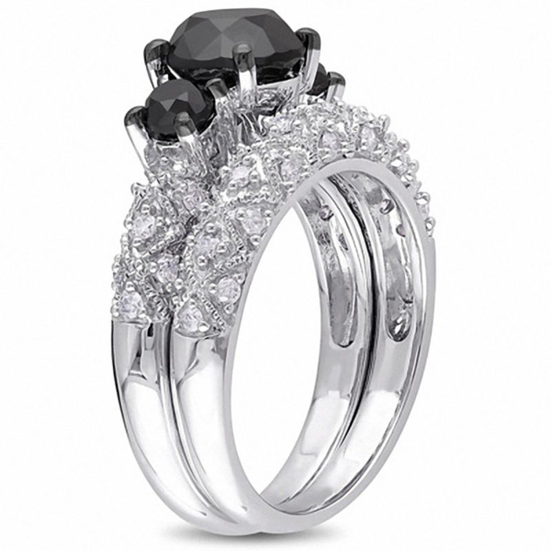 Main Image 2 of 3 CT. T.W. Enhanced Black and White Diamond Three Stone Vintage-Style Bridal Set in 10K White Gold