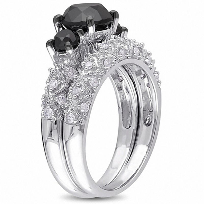 3 CT. T.W. Enhanced Black and White Diamond Three Stone Vintage-Style ...