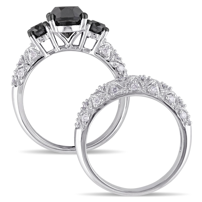 Main Image 3 of 3 CT. T.W. Enhanced Black and White Diamond Three Stone Vintage-Style Bridal Set in 10K White Gold