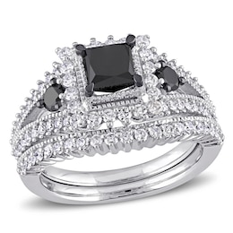 2 CT. T.W. Princess-Cut Enhanced Black and White Diamond Milgrain Split Shank Bridal Set in 10K White Gold