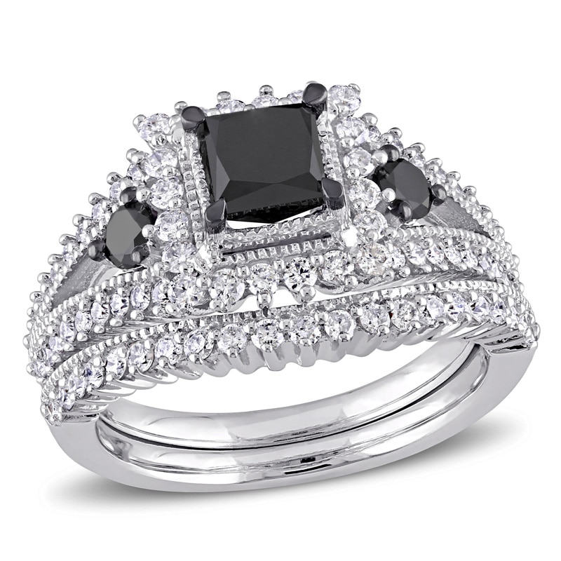 Main Image 1 of 2 CT. T.W. Princess-Cut Enhanced Black and White Diamond Milgrain Split Shank Bridal Set in 10K White Gold