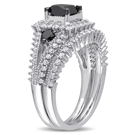 2 CT. T.w. Princess-Cut Enhanced Black and White Diamond Milgrain Split Shank Bridal Set 10K Gold