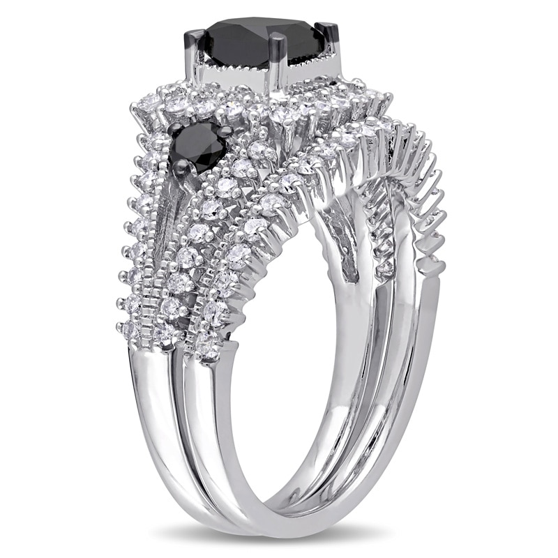 Main Image 2 of 2 CT. T.W. Princess-Cut Enhanced Black and White Diamond Milgrain Split Shank Bridal Set in 10K White Gold