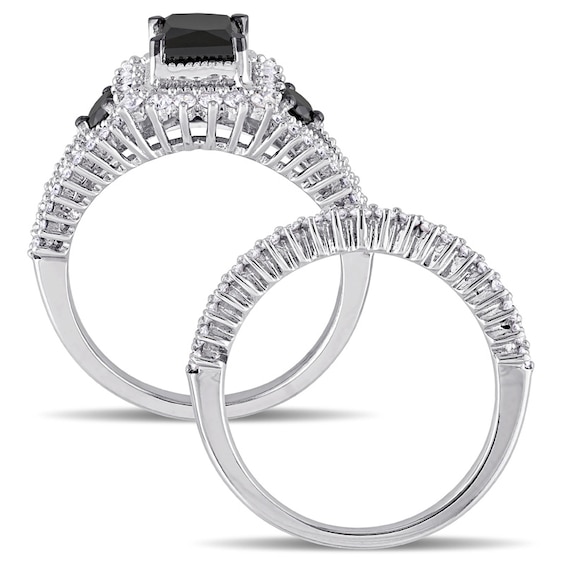 2 CT. T.w. Princess-Cut Enhanced Black and White Diamond Milgrain Split Shank Bridal Set 10K Gold