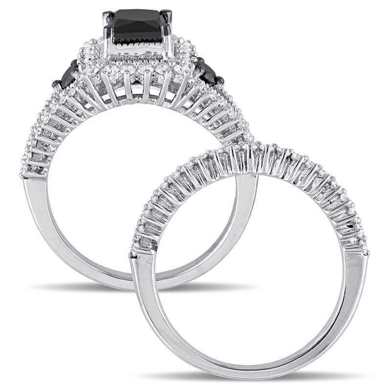 Main Image 3 of 2 CT. T.W. Princess-Cut Enhanced Black and White Diamond Milgrain Split Shank Bridal Set in 10K White Gold