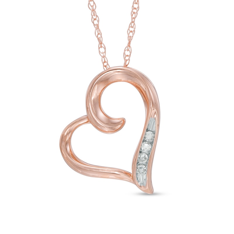 Diamond Accent Four Stone Tilted Heart Pendant in 10K Rose Gold