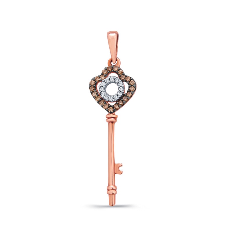 1/6 CT. T.W. Champagne and White Diamond Key Pendant in 10K Rose Gold