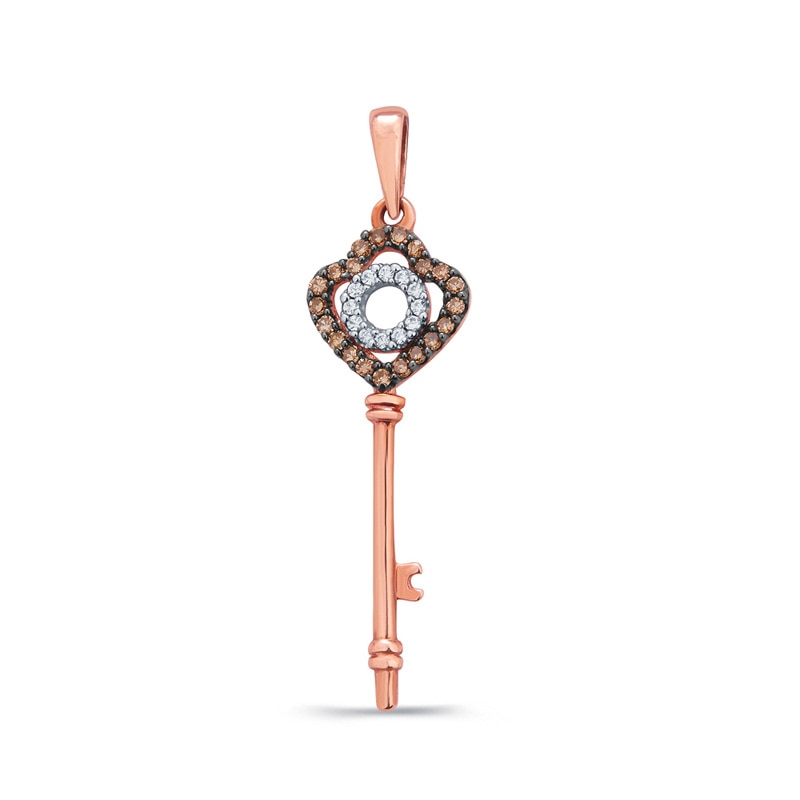 Main Image 1 of 1/6 CT. T.W. Champagne and White Diamond Key Pendant in 10K Rose Gold