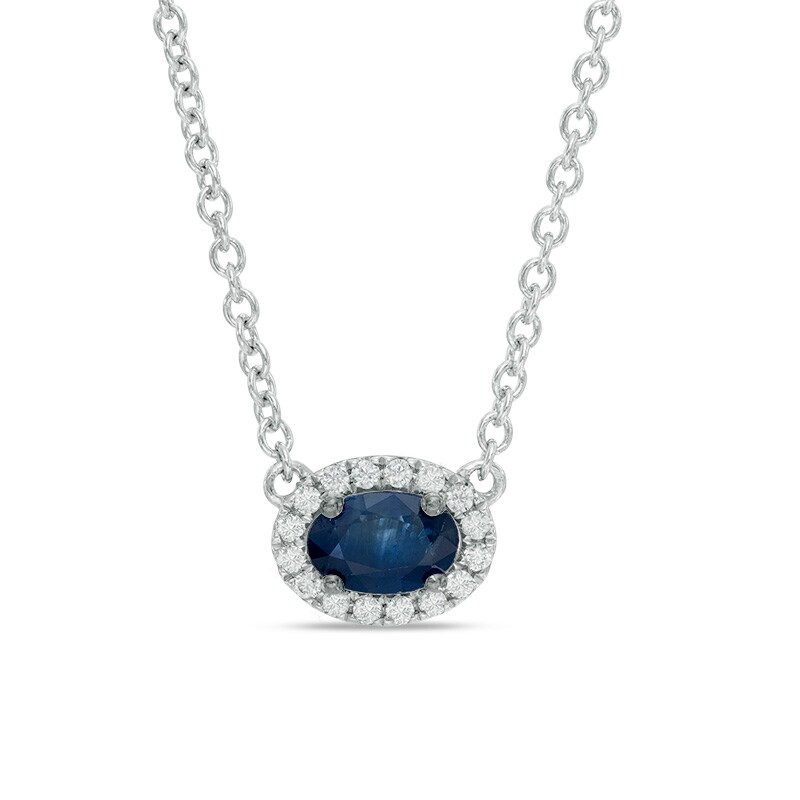 Main Image 1 of Vera Wang Love Collection Oval Blue Sapphire and 1/10 CT. T.W. Diamond Frame Necklace in 14K White Gold