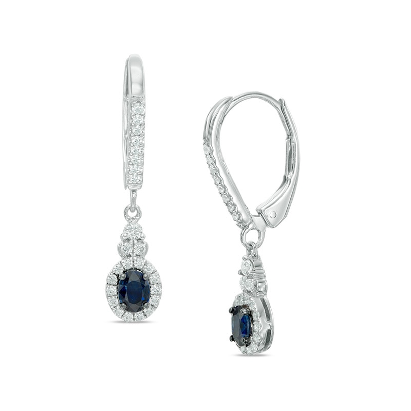 Vera Wang Love Collection Oval Blue Sapphire and 1/4 CT. T.W. Diamond Frame Drop Earrings in 14K White Gold