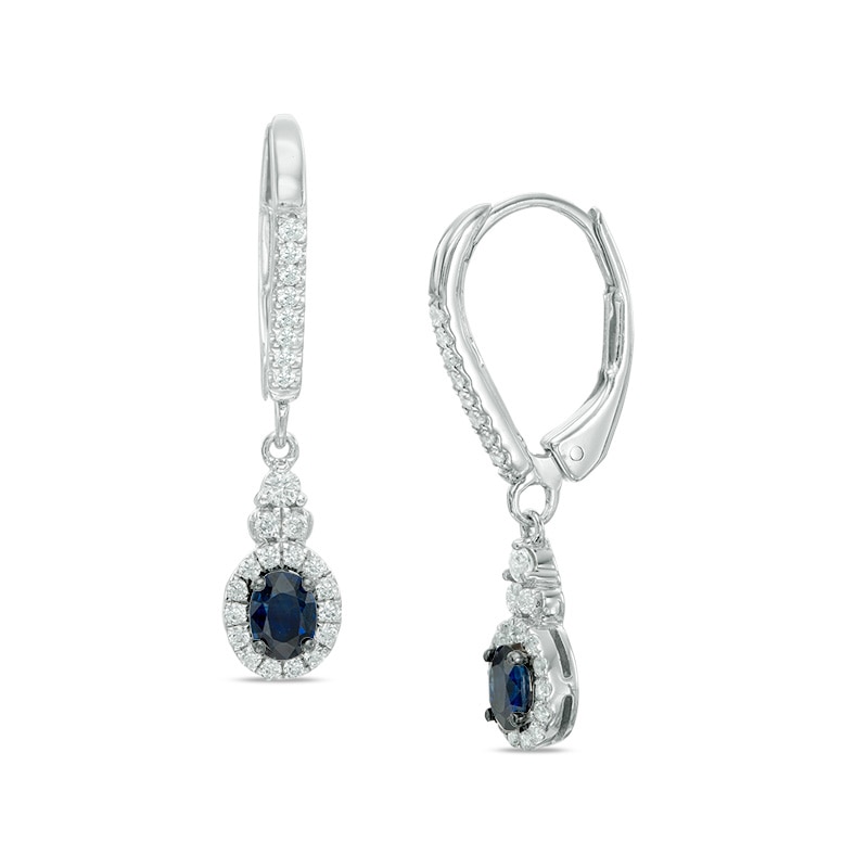 Main Image 1 of Vera Wang Love Collection Oval Blue Sapphire and 1/4 CT. T.W. Diamond Frame Drop Earrings in 14K White Gold
