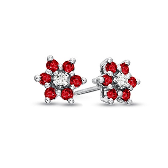 Ruby and Diamond Accent Flower Cluster Stud Earrings in 14K White Gold ...